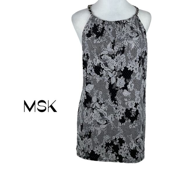MSK Black White Chain Sequined Snakeskin Print Party Event Tunic Top Size L - Picture 1 of 9